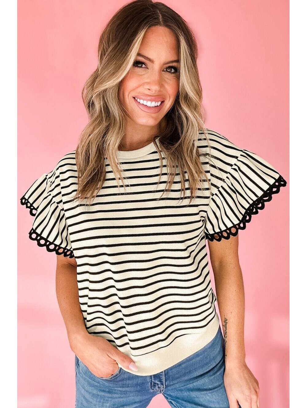 Women's Black and White Striped Short Sleeve Top with Lace Trim